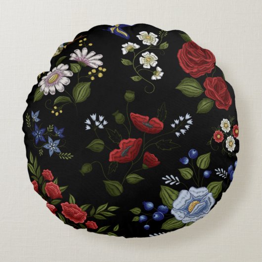 フェイク刺繍の赤と青の花 ラウンドクッション (正面)