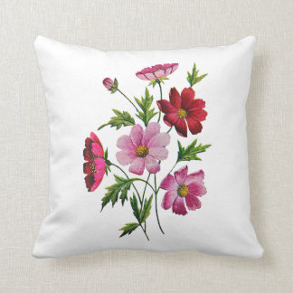 フェイク刺繍ピンクと赤の花枕 クッション