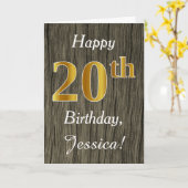 フェイク木材、フェイク金ゴールド20番目の誕生日+名前をカスタムする カード (黄色い花)