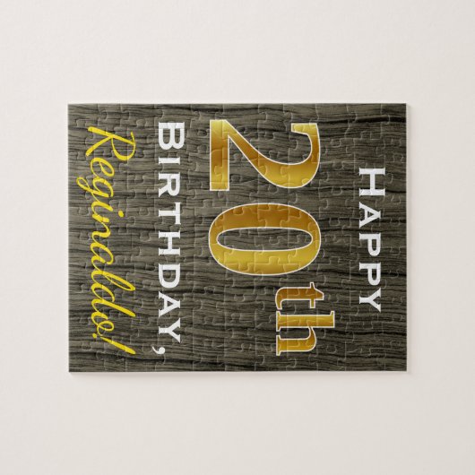 フェイク木材、フェイク金ゴールド20番目の誕生日+名前をカスタムする ジグソーパズル (横)