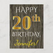 フェイク木材、フェイク金ゴールド20番目の誕生日+名前をカスタムする ポストカード (正面)