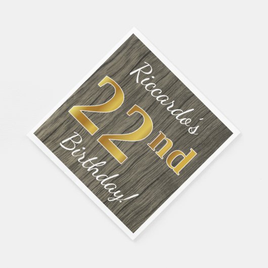 フェイク木材、フェイク金ゴールド22番目の誕生日+名前をカスタムする スタンダードランチョンナプキン (角)