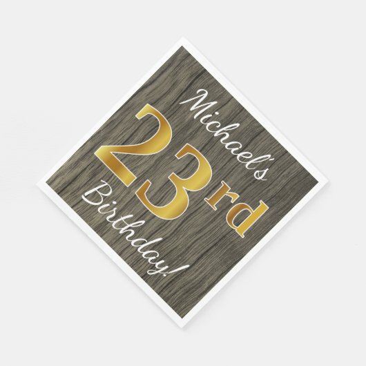フェイク木材、フェイク金ゴールド23番目の誕生日+名前をカスタムする スタンダードランチョンナプキン (角)