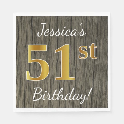 フェイク木材、フェイク金ゴールド51番目の誕生日+名前をカスタムする スタンダードランチョンナプキン (正面)