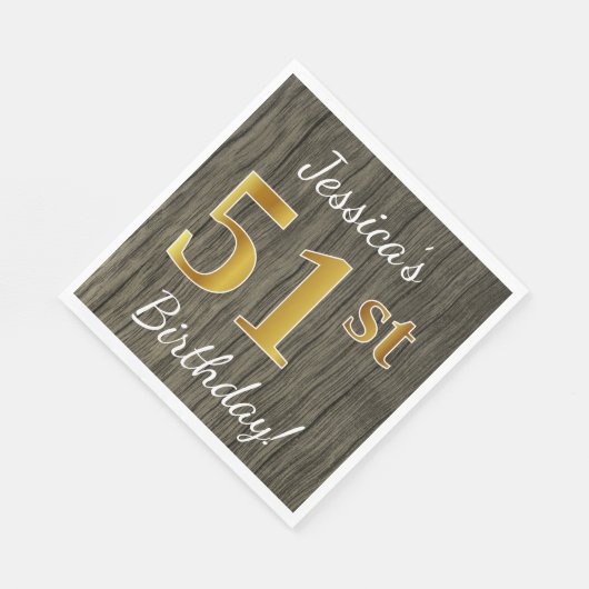 フェイク木材、フェイク金ゴールド51番目の誕生日+名前をカスタムする スタンダードランチョンナプキン (角)