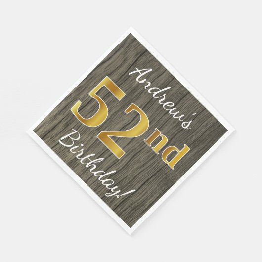 フェイク木材、フェイク金ゴールド52番目の誕生日+名前をカスタムする スタンダードランチョンナプキン (角)