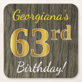 フェイク木材、フェイク金ゴールド63番目の誕生日+名前をカスタムする スクエアペーパーコースター (正面)