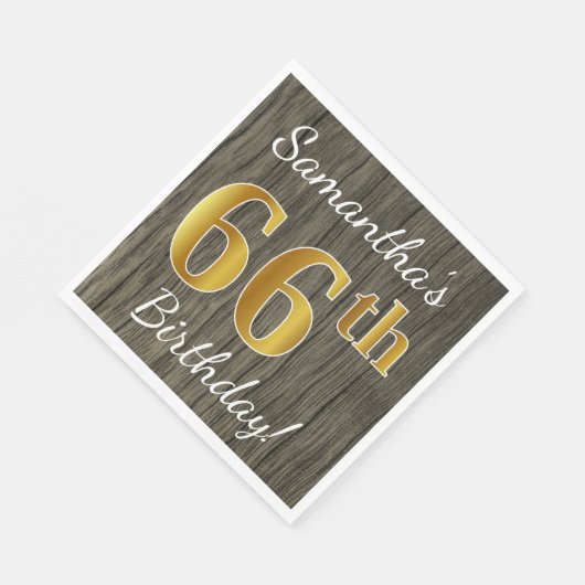 フェイク木材、フェイク金ゴールド66番目の誕生日+名前をカスタムする スタンダードランチョンナプキン (角)