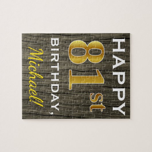 フェイク木材、フェイク金ゴールド81番目の誕生日+名前をカスタムする ジグソーパズル (横)