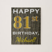 フェイク木材、フェイク金ゴールド81番目の誕生日+名前をカスタムする ジグソーパズル (縦)