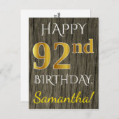 フェイク木材、フェイク金ゴールド92番目の誕生日+名前をカスタムする ポストカード (正面/裏面)