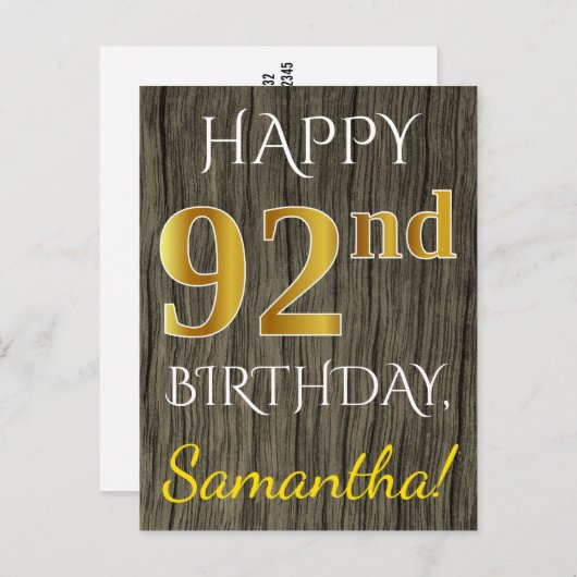 フェイク木材、フェイク金ゴールド92番目の誕生日+名前をカスタムする ポストカード (正面/裏面)