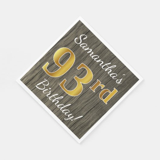 フェイク木材、フェイク金ゴールド93番目の誕生日+名前をカスタムする スタンダードランチョンナプキン (角)