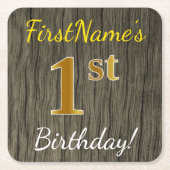 フェイク木、フェイク金ゴールド1歳+名前をカスタムする スクエアペーパーコースター (正面)