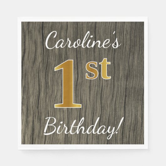 フェイク木、フェイク金ゴールド1歳+名前をカスタムする スタンダードランチョンナプキン (正面)