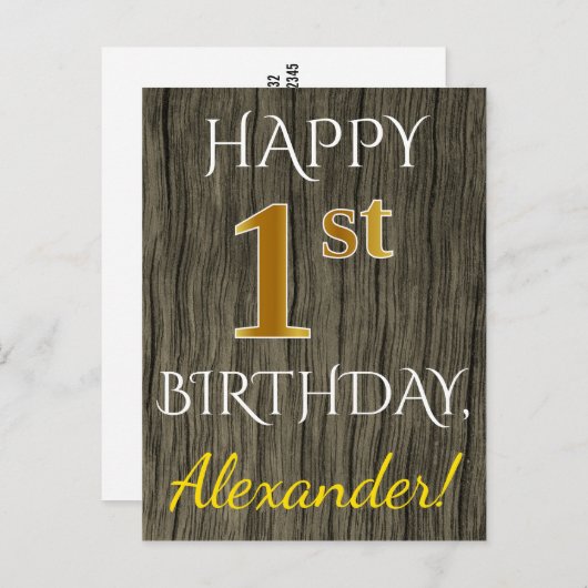 フェイク木、フェイク金ゴールド1歳+名前をカスタムする ポストカード (正面/裏面)