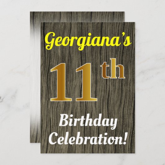 フェイク木、フェイク金ゴールド11誕生祝い 招待状 (正面/裏面)