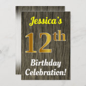 フェイク木、フェイク金ゴールド12誕生祝い 招待状 (正面/裏面)