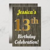 フェイク木、フェイク金ゴールド13誕生祝い 招待状 (正面/裏面)