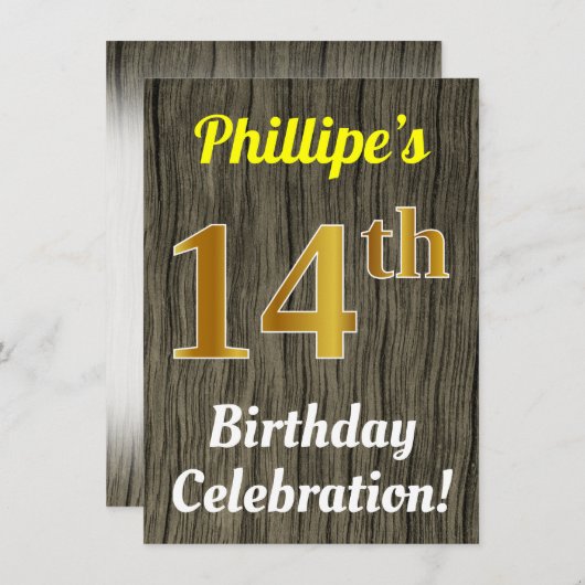 フェイク木、フェイク金ゴールド14誕生祝い 招待状 (正面/裏面)