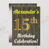 フェイク木、フェイク金ゴールド15誕生祝い 招待状 (正面/裏面)