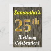 フェイク木、フェイク金ゴールド25誕生祝い 招待状 (正面)