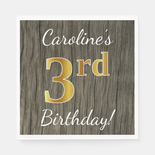 フェイク木、フェイク金ゴールド3歳+名前をカスタムする スタンダードランチョンナプキン (正面)