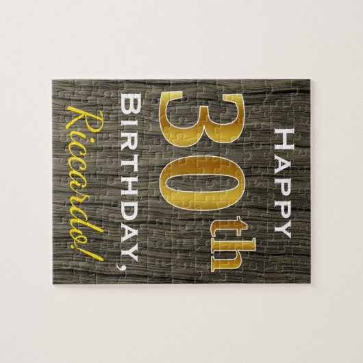 フェイク木、フェイク金ゴールド30歳+名前をカスタムする ジグソーパズル (横)