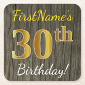 フェイク木、フェイク金ゴールド30歳+名前をカスタムする スクエアペーパーコースター (正面)