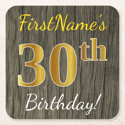 フェイク木、フェイク金ゴールド30歳+名前をカスタムする スクエアペーパーコースター (正面)