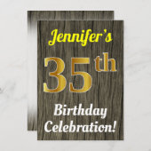 フェイク木、フェイク金ゴールド35誕生祝い 招待状 (正面/裏面)