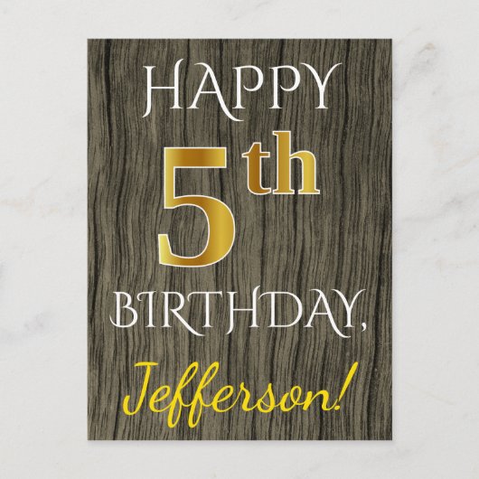 フェイク木、フェイク金ゴールド5誕生日+名前をカスタムする ポストカード (正面)