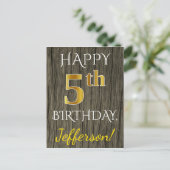 フェイク木、フェイク金ゴールド5誕生日+名前をカスタムする ポストカード (スタンド正面)