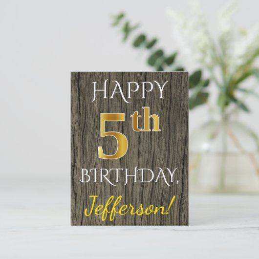 フェイク木、フェイク金ゴールド5誕生日+名前をカスタムする ポストカード (スタンド正面)