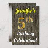 フェイク木、フェイク金ゴールド5誕生祝い 招待状 (正面/裏面)