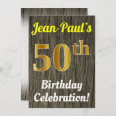 フェイク木、フェイク金ゴールド50誕生祝い 招待状 (正面/裏面)