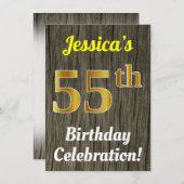 フェイク木、フェイク金ゴールド55誕生祝い 招待状 (正面/裏面)