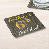 フェイク木、フェイク金ゴールド6番誕生日+名前をカスタムする スクエアペーパーコースター (アングル)