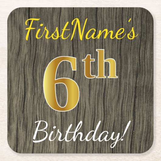 フェイク木、フェイク金ゴールド6番誕生日+名前をカスタムする スクエアペーパーコースター (正面)