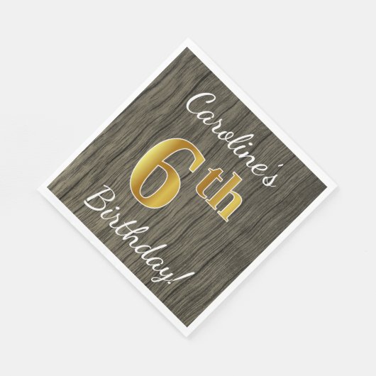 フェイク木、フェイク金ゴールド6番誕生日+名前をカスタムする スタンダードランチョンナプキン (角)