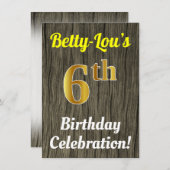 フェイク木、フェイク金ゴールド6誕生祝い 招待状 (正面/裏面)