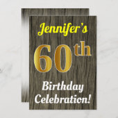 フェイク木、フェイク金ゴールド60誕生祝い 招待状 (正面/裏面)