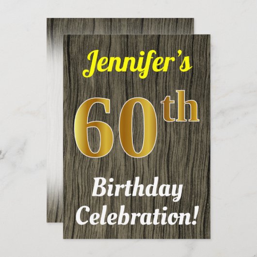 フェイク木、フェイク金ゴールド60誕生祝い 招待状 (正面/裏面)