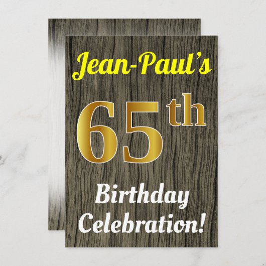 フェイク木、フェイク金ゴールド65誕生祝い 招待状 (正面/裏面)