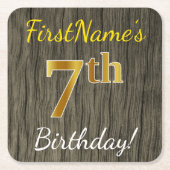 フェイク木、フェイク金ゴールド7誕生日+名前をカスタムする スクエアペーパーコースター (正面)
