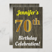 フェイク木、フェイク金ゴールド70誕生祝い 招待状 (正面/裏面)