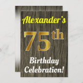 フェイク木、フェイク金ゴールド75誕生祝い 招待状 (正面/裏面)