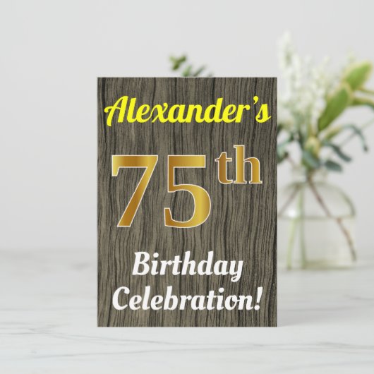 フェイク木、フェイク金ゴールド75誕生祝い 招待状 (スタンド正面)