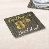 フェイク木、フェイク金ゴールド8誕生日+名前をカスタムする スクエアペーパーコースター (アングル)