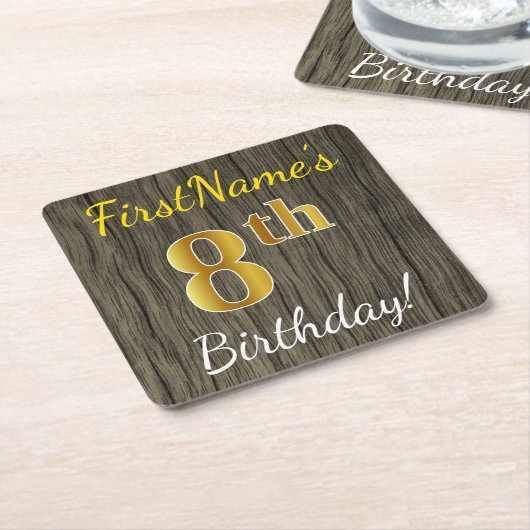フェイク木、フェイク金ゴールド8誕生日+名前をカスタムする スクエアペーパーコースター (アングル)